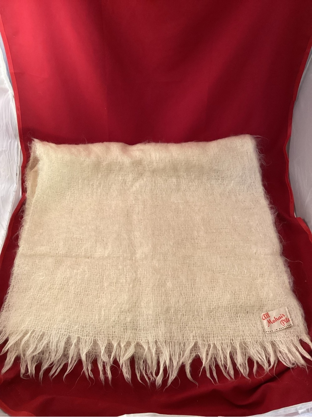Vintage All Mohair Pile Scotland Large Fringe Throw Scarf in Cream